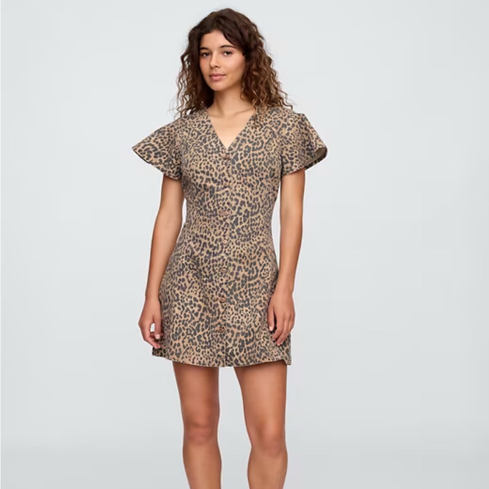 Leopard Print V-Neck Denim Flutter Sleeve Mini Dress. NWT